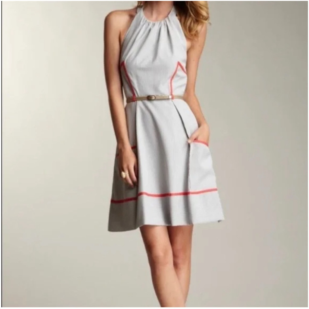 NWT JESSICA SIMPSON Size 10 Halter Striped Blue and White Dress w/ Coral Pink